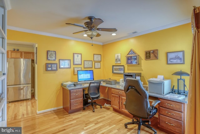 home office with ceiling fan, light hardwood / wood-style floors, and ornamental molding