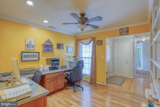 office area featuring ceiling fan, light hardwood / wood-style floors, and ornamental molding