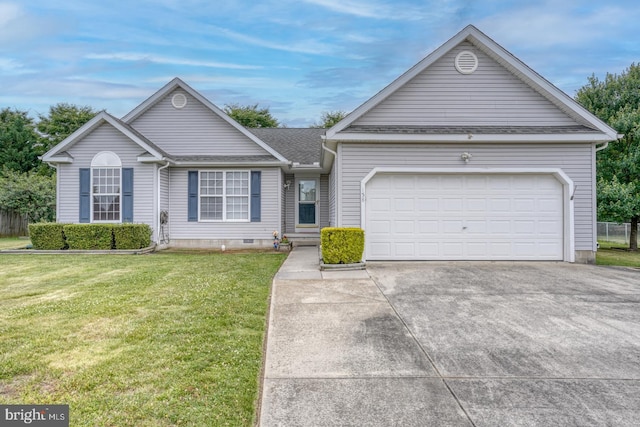 single story home featuring a garage and a front lawn