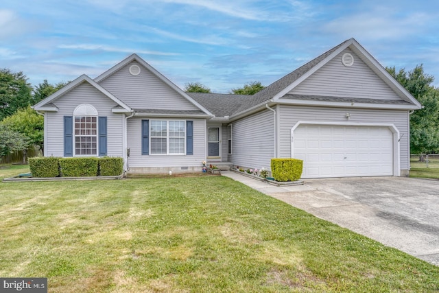 single story home featuring a front lawn and a garage