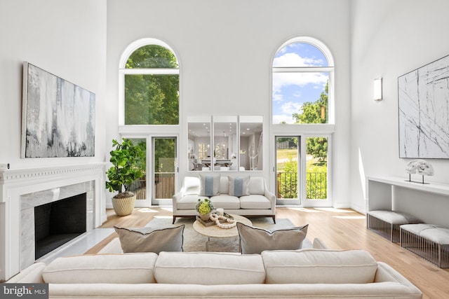 living room with a high end fireplace, a high ceiling, light wood-type flooring, and a healthy amount of sunlight