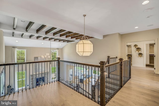 hallway with a chandelier, hardwood / wood-style floors, and beam ceiling