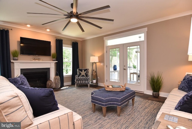 living room featuring crown molding, french doors, ceiling fan, and dark wood-type flooring