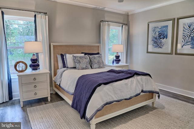 bedroom with hardwood / wood-style floors, ornamental molding, and multiple windows