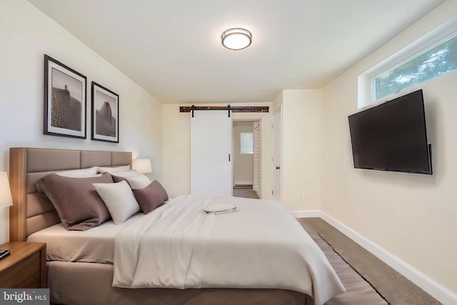 carpeted bedroom with a barn door