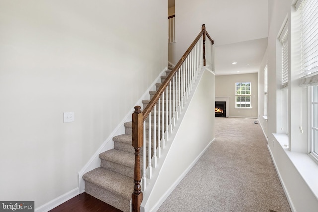 stairway with carpet floors, a lit fireplace, a towering ceiling, and baseboards