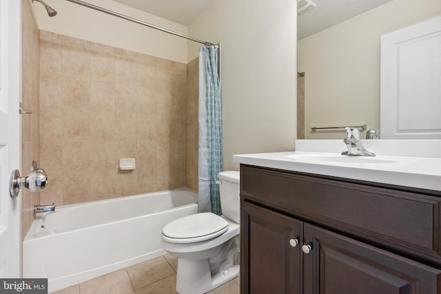 full bath featuring shower / bath combo, visible vents, toilet, tile patterned flooring, and vanity