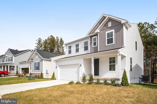 view of front facade with cooling unit, a garage, and a front lawn