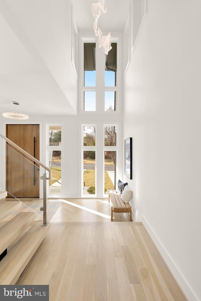 entryway featuring a towering ceiling and hardwood / wood-style floors