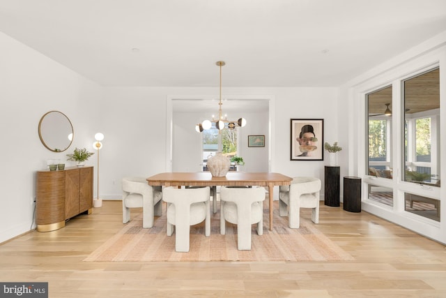 dining area featuring a notable chandelier, light hardwood / wood-style flooring, and plenty of natural light