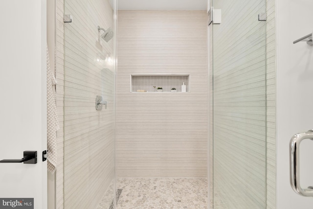 bathroom with a shower with shower door