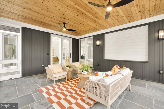 home theater with ceiling fan, french doors, wooden walls, and wood ceiling