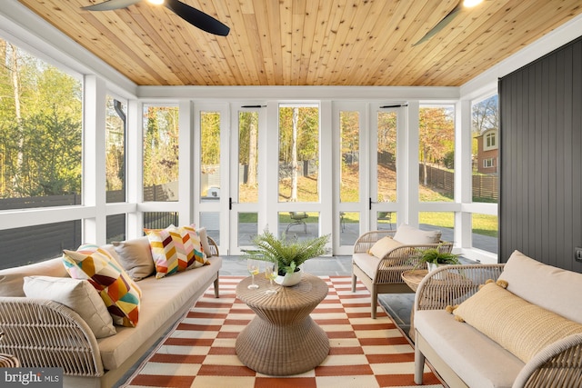 sunroom with ceiling fan and wood ceiling