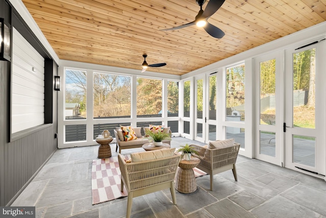 sunroom / solarium with ceiling fan and wood ceiling