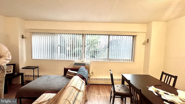 living room featuring an AC wall unit, wood-type flooring, and a baseboard radiator