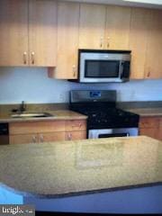 kitchen featuring light brown cabinetry, black electric range oven, and sink