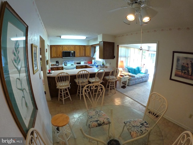 dining area featuring sink and ceiling fan