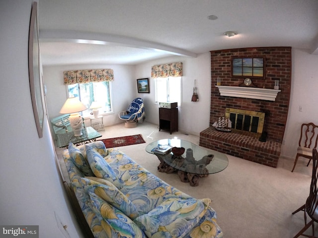 carpeted living room with a brick fireplace