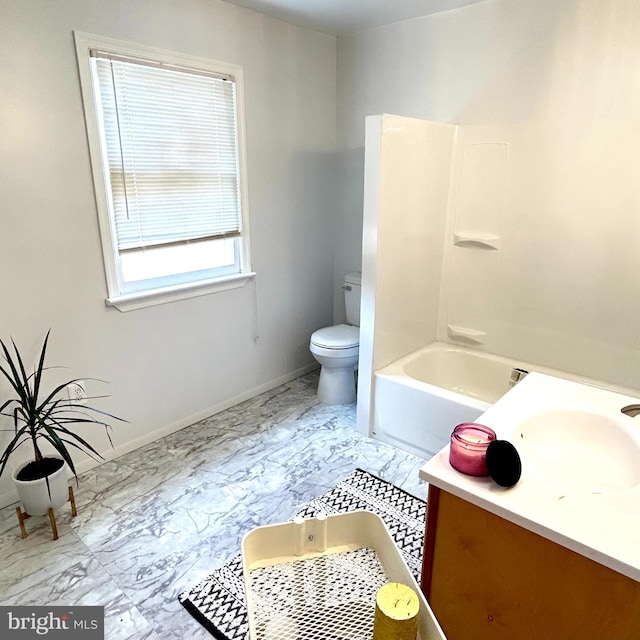 full bathroom with vanity, washtub / shower combination, tile patterned flooring, and toilet