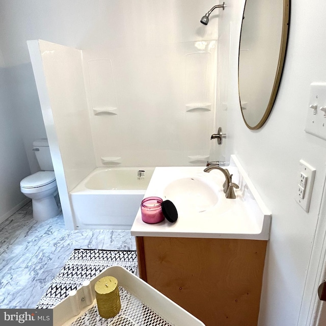 full bathroom featuring tile patterned flooring, bathtub / shower combination, toilet, and vanity