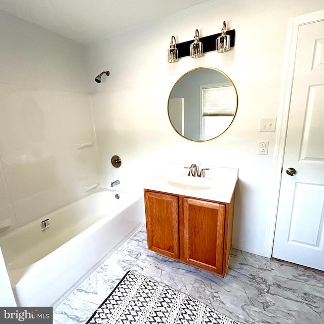 bathroom featuring vanity, tub / shower combination, and tile patterned flooring