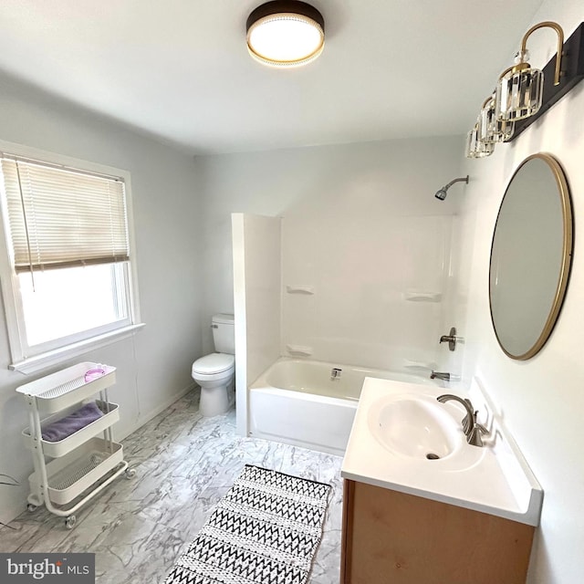 full bathroom with vanity, toilet, tile patterned flooring, and bathtub / shower combination