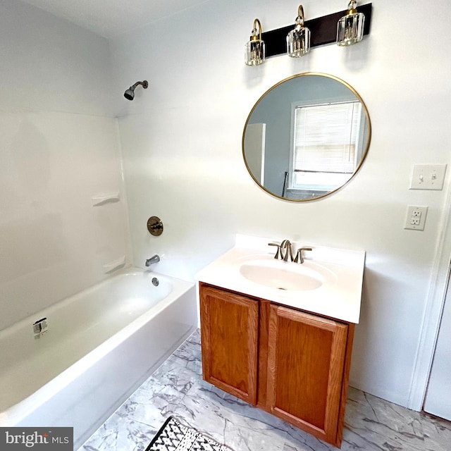 bathroom with tile patterned flooring, bathing tub / shower combination, and vanity