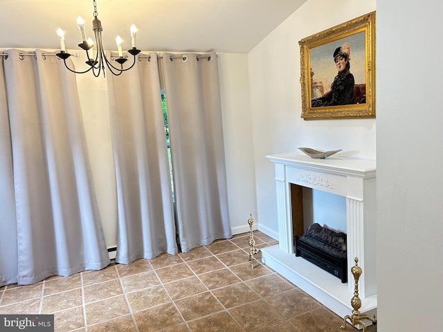 unfurnished living room featuring tile patterned floors and an inviting chandelier