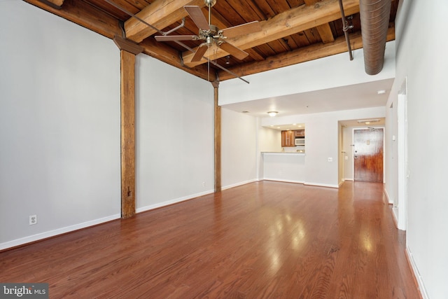 unfurnished living room featuring beam ceiling, ceiling fan, wood ceiling, and wood-type flooring