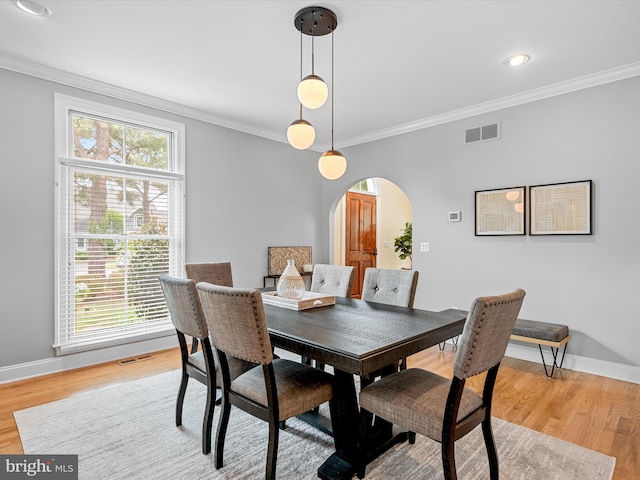 dining space featuring ornamental molding, light hardwood / wood-style floors, and a healthy amount of sunlight