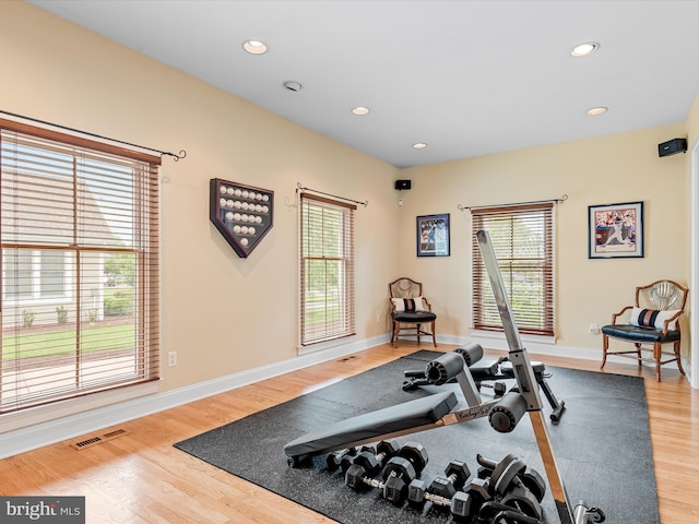 workout room with wood-type flooring and plenty of natural light