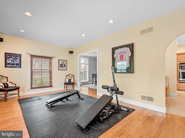 workout room with wood-type flooring and a wealth of natural light