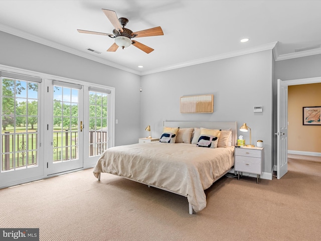 bedroom featuring access to exterior, light colored carpet, ceiling fan, and crown molding