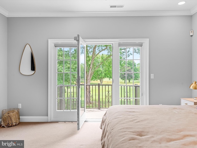 carpeted bedroom featuring access to exterior, ornamental molding, and multiple windows