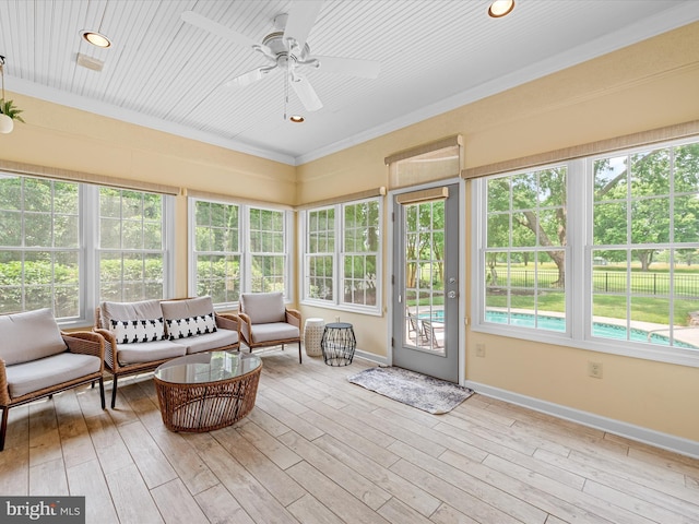 sunroom with ceiling fan and wood ceiling