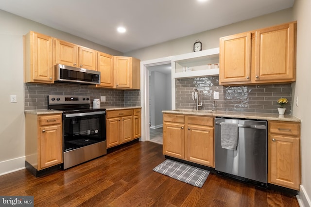 kitchen featuring backsplash, sink, stainless steel appliances, and dark hardwood / wood-style floors