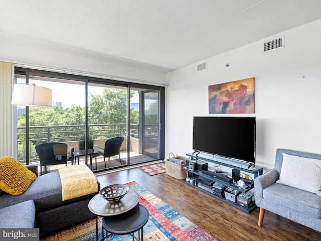 living room featuring hardwood / wood-style flooring, a textured ceiling, and a wealth of natural light