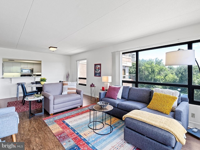 living room with dark hardwood / wood-style flooring and a textured ceiling