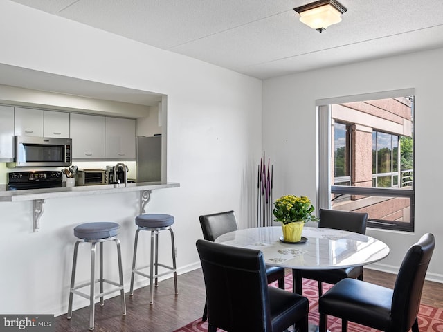 dining space with dark hardwood / wood-style flooring, a textured ceiling, and sink