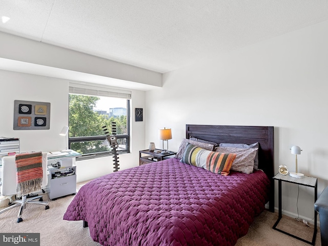 carpeted bedroom with a textured ceiling