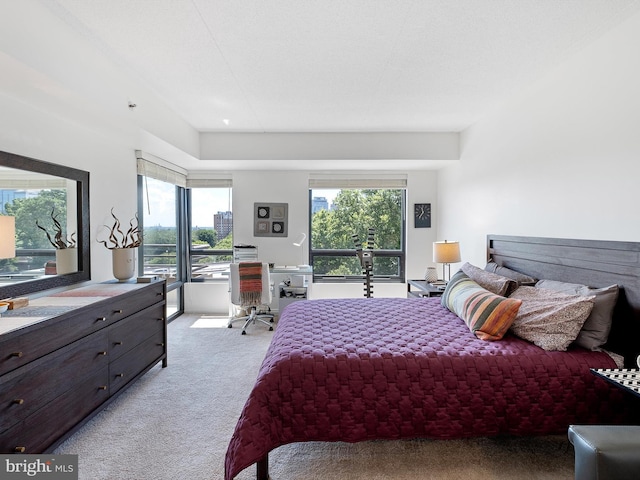 bedroom featuring light carpet