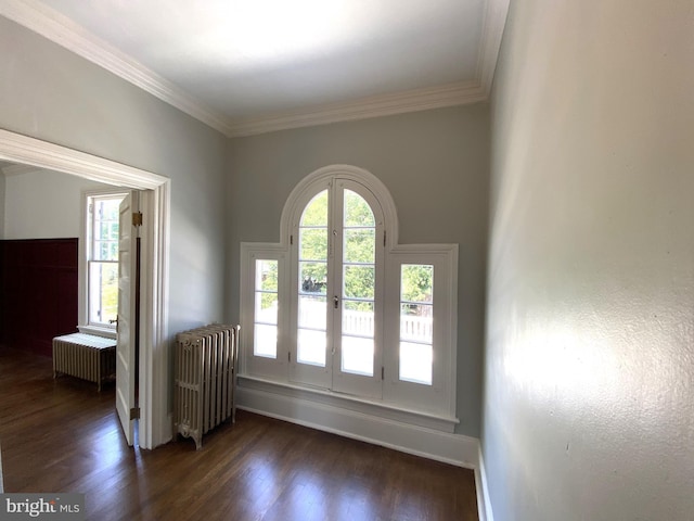 interior space featuring crown molding, radiator heating unit, and dark hardwood / wood-style floors