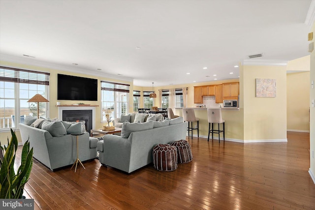 living room with ornamental molding and dark hardwood / wood-style floors