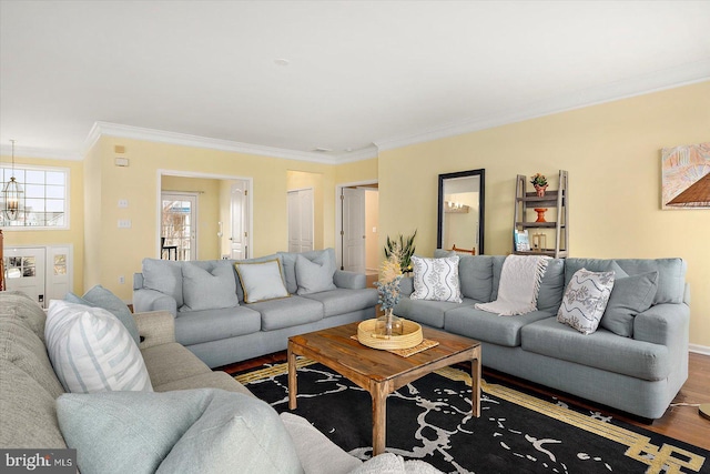 living room featuring hardwood / wood-style flooring, ornamental molding, and a chandelier