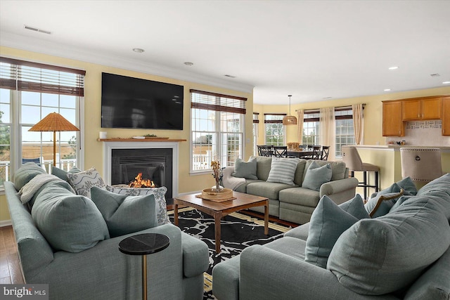 living room featuring ornamental molding and hardwood / wood-style floors