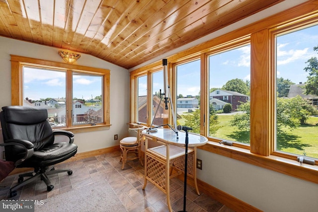 sunroom / solarium featuring plenty of natural light, lofted ceiling, and wood ceiling