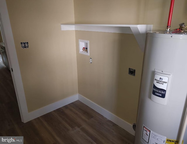 laundry room with hookup for an electric dryer, electric water heater, dark wood-type flooring, and washer hookup