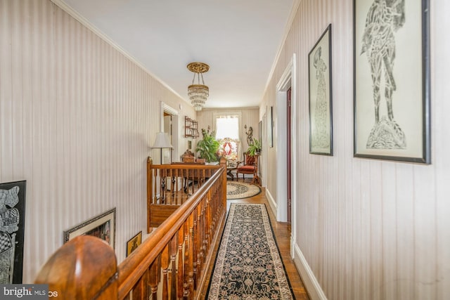 corridor with a chandelier, hardwood / wood-style floors, and ornamental molding