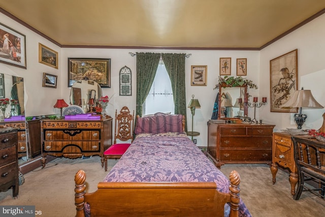 carpeted bedroom with crown molding