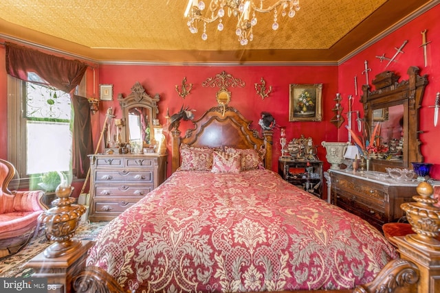 bedroom with a chandelier and crown molding